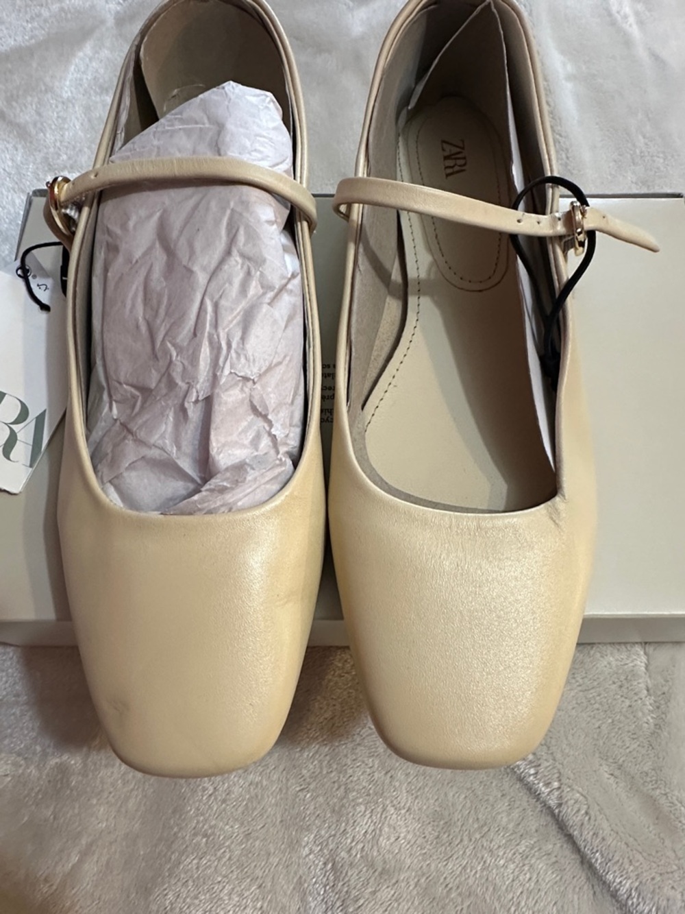 Zara Cream Square-Toe Mary Jane Flats with Ankle Strap